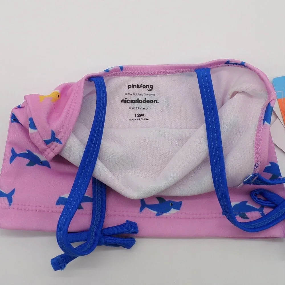 Pinkfong BABY SHARK Girl Swimsuit Sz 12 Month Pink Two Piece Suit Beach